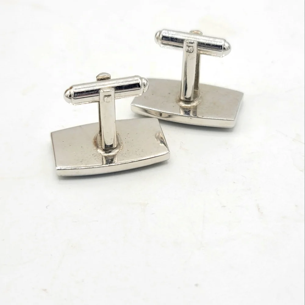 Silver Tone Cufflinks, Retro Geometric Design, Black Enamel Accent Vintage